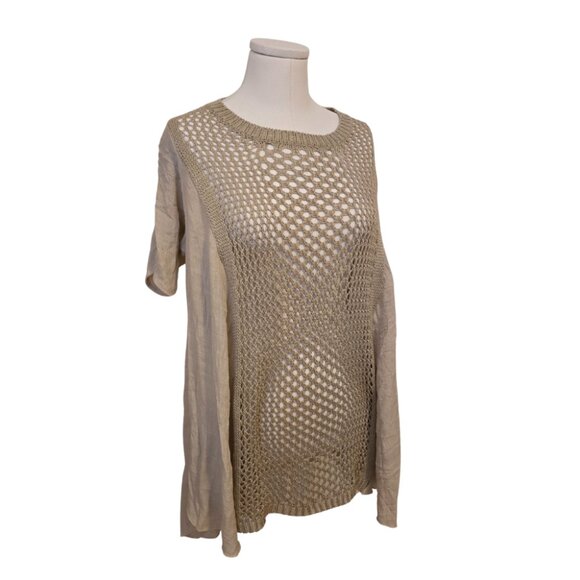 Womens Beige Mesh Panel Top Lagenlook Short Sleeve Sheer Boho Summer Sz XL - Picture 1 of 6